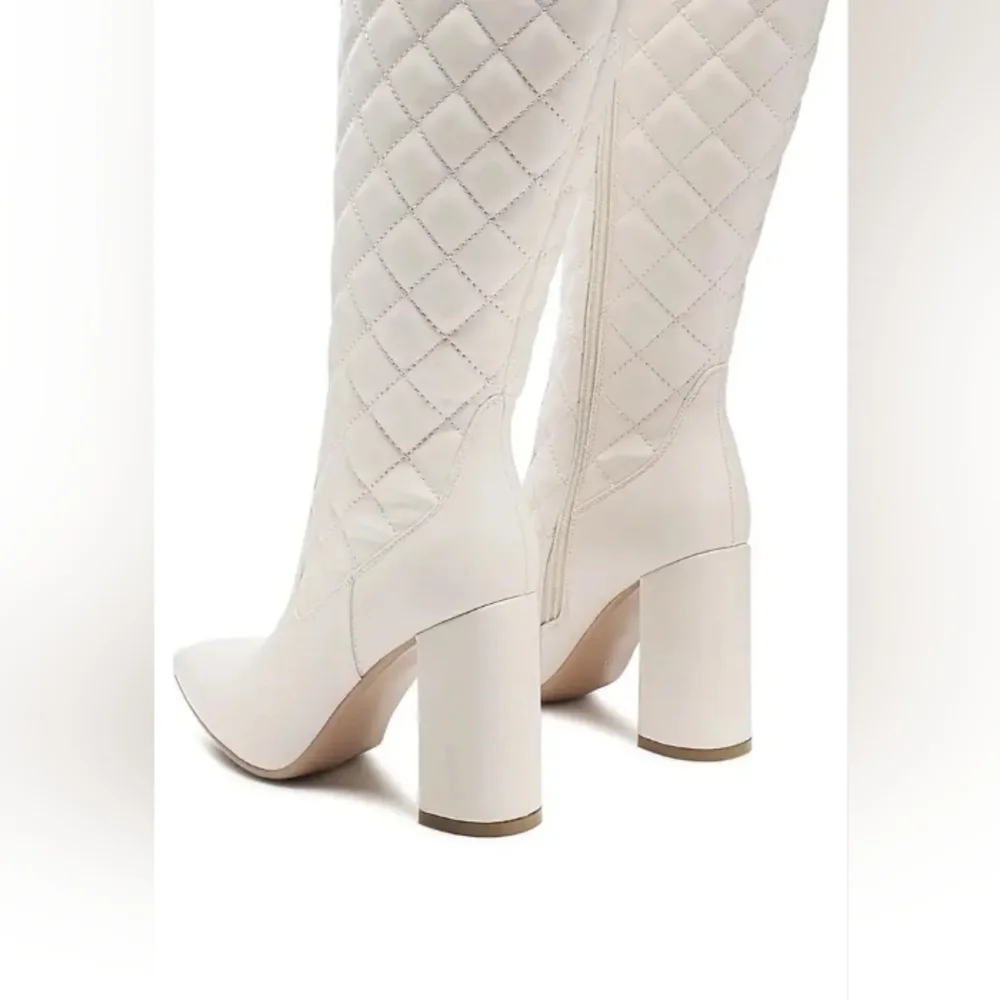 White Quilt Knee High Block Heeled Boots - Picture 2 of 5